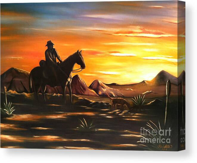 Sunset Rider Canvas Print featuring the painting Sunset Rider by Ruben Archuleta - Art Gallery