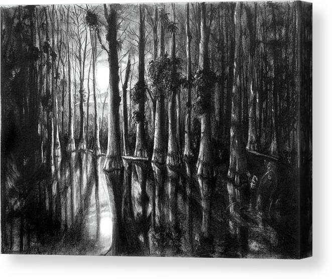 Landscape Canvas Print featuring the drawing Swamp at Night by William Underwood