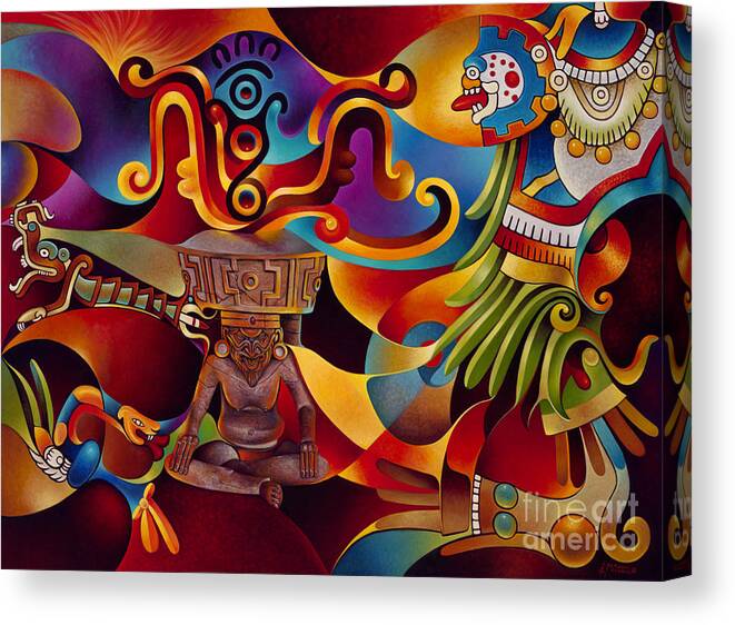 Aztec Canvas Print featuring the painting Tapestry of Gods - Huehueteotl by Ricardo Chavez-Mendez