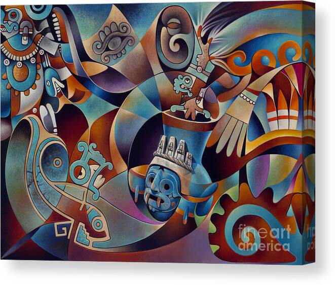 Aztec Canvas Print featuring the painting Tapestry of Gods - Tlaloc by Ricardo Chavez-Mendez