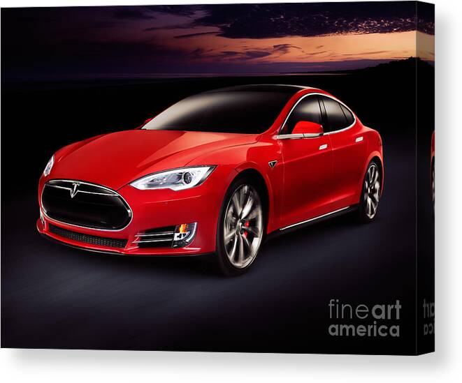 Tesla Canvas Print featuring the photograph Tesla Model S red luxury electric car outdoors by Maxim Images Exquisite Prints