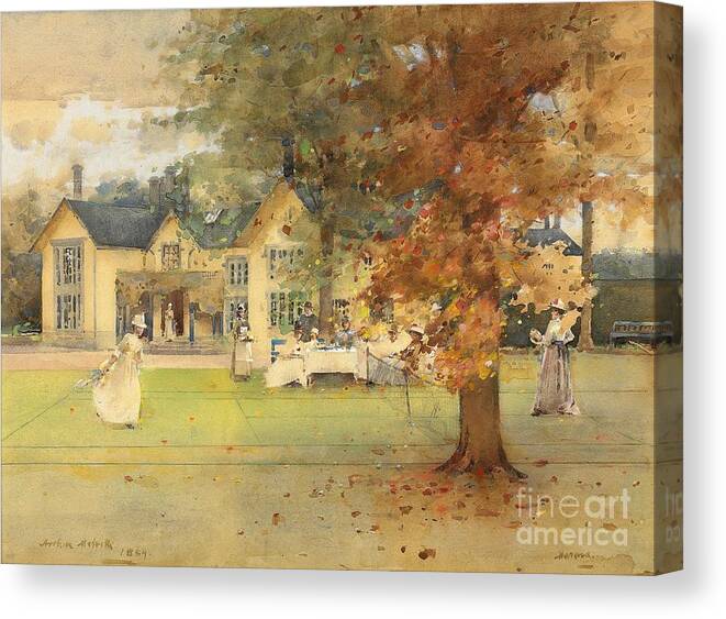 Lawn; Tennis; Party; Marcus; Society Life; Country House; Stately Home; Leisure; Sport; Sports; Pastime; Playing; Game; Match; Tennis Court; Victorian; Garden; Grounds; Estate; Tree; Autumn; Autumnal; Fall; Seasons; Female; Picnic; Al Fresco; Manor; Food; Drink; Maid; Servant Canvas Print featuring the painting The Lawn Tennis Party by Arthur Melville