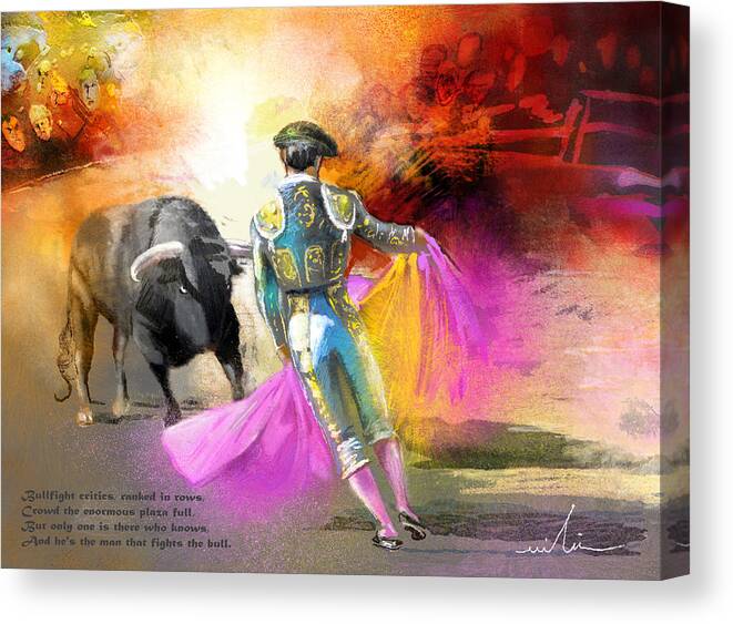 Bulls Canvas Print featuring the painting The Man Who Fights The Bull by Miki De Goodaboom