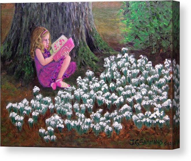 Little Girls Canvas Print featuring the painting The Reading Tree by Janet Greer Sammons