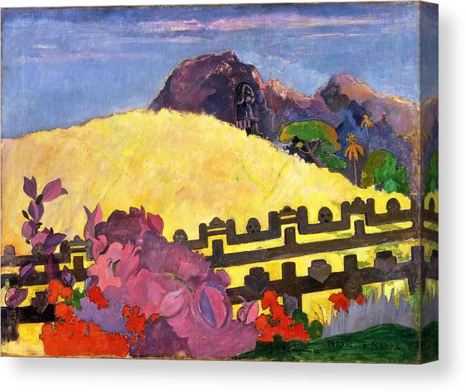 Paul Gauguin Canvas Print featuring the painting The Sacred Mountain. Parahi Te Marae by Paul Gauguin