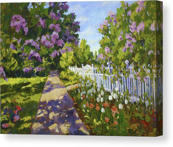 Tulips Canvas Print featuring the painting The White Fence by Ingrid Dohm