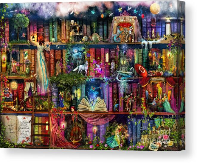 Fairytale Canvas Print featuring the digital art Fairytale Treasure Hunt Book Shelf by MGL Meiklejohn Graphics Licensing
