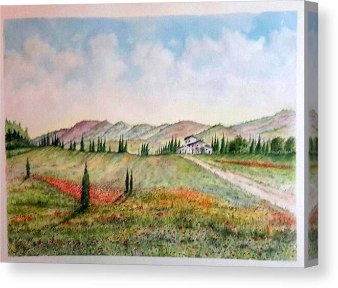 Poppies Mountains Farm House Canvas Print featuring the painting Tuscany 2 SOLD by Richard Benson