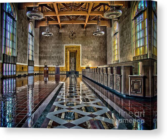 Hdr Canvas Print featuring the photograph Union Station Interior- Los Angeles by David Doucot