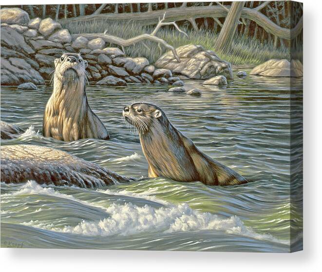 Wildlife Canvas Print featuring the painting Up for Air - river otters by Paul Krapf