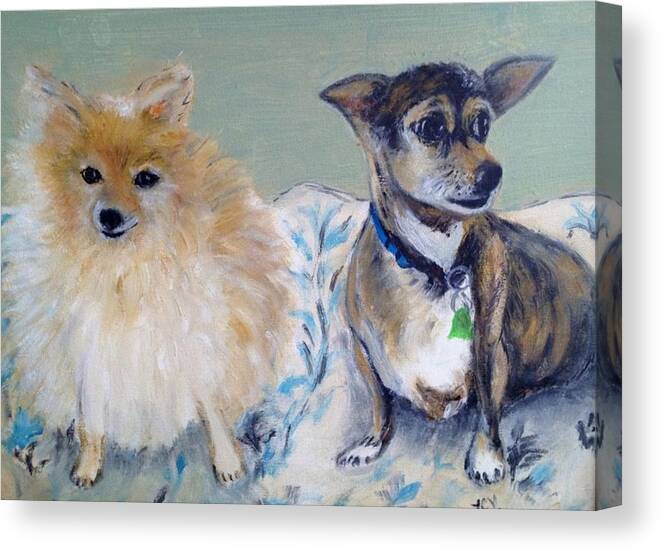 Pomerraian Min Pin Dogs Pets Canvas Print featuring the painting Vick's Dogs by Lucille Valentino