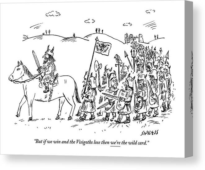 Warrior On A Horse Is Followed By An Army Of Marching Warriors. 
 Media Id 134286 Canvas Print featuring the drawing Warrior On A Horse Is Followed By An Army by David Sipress