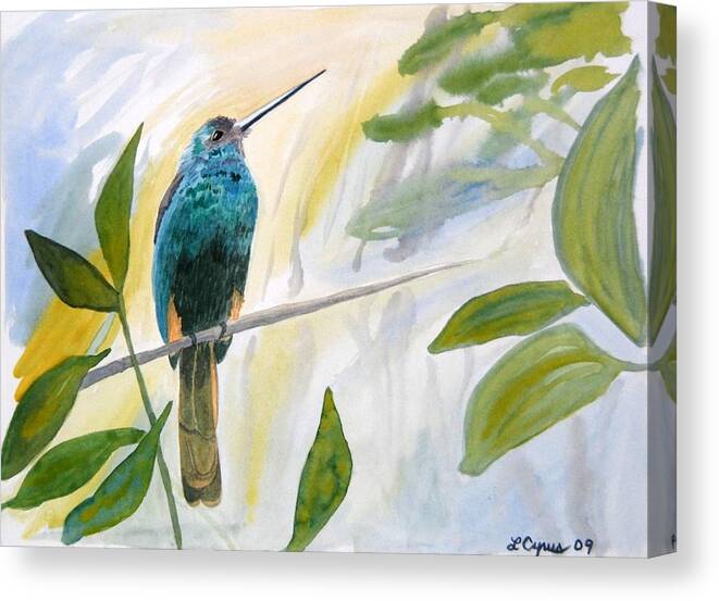 Watercolor Canvas Print featuring the painting Watercolor - Jacamar in the Rainforest by Cascade Colors