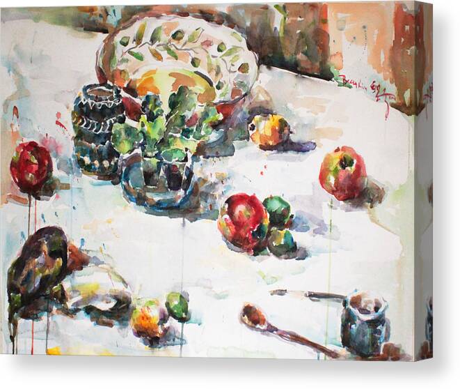 Watercolor Canvas Print featuring the painting Watercolor Still Life in April by Becky Kim