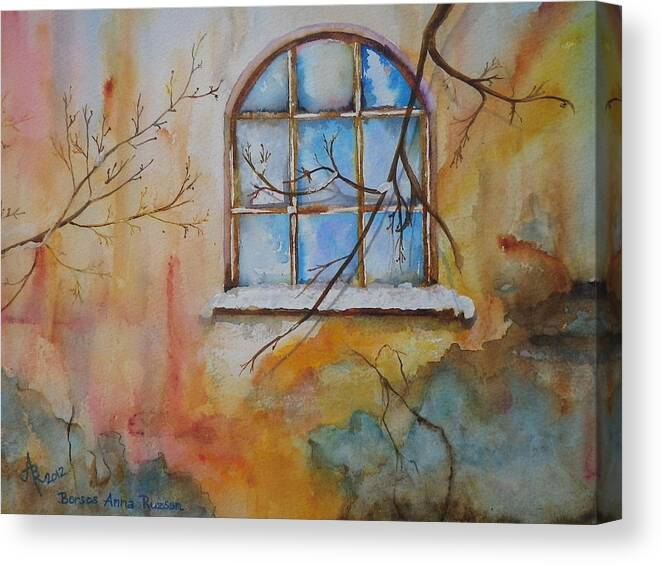 Winter Canvas Print featuring the painting Winter Window by Anna Ruzsan
