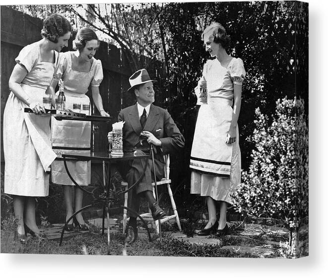1933 Canvas Print featuring the photograph Women Practice Serving Beer by Underwood Archives