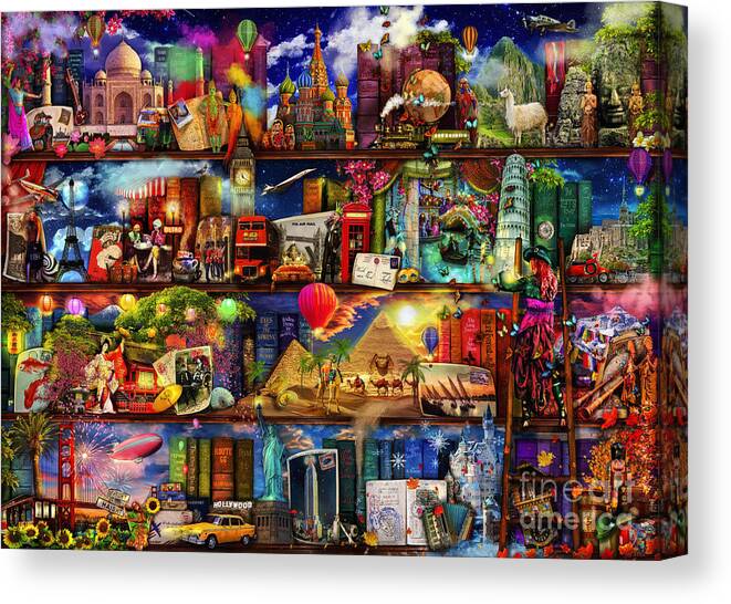 World Map Canvas Print featuring the digital art World Travel Book Shelf by MGL Meiklejohn Graphics Licensing