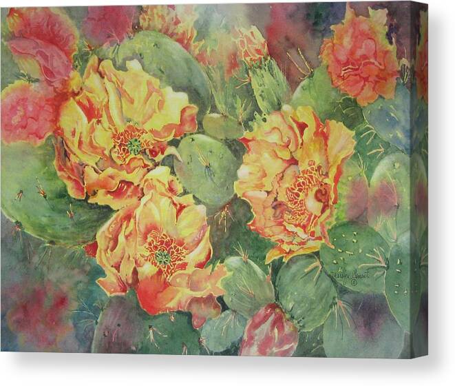 Cactus Canvas Print featuring the painting Yellow Cactus Blooms by Marilyn Clement