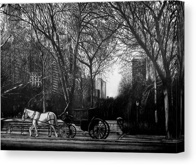 Central Park Canvas Print featuring the drawing Hansom Cab by Jerry Winick