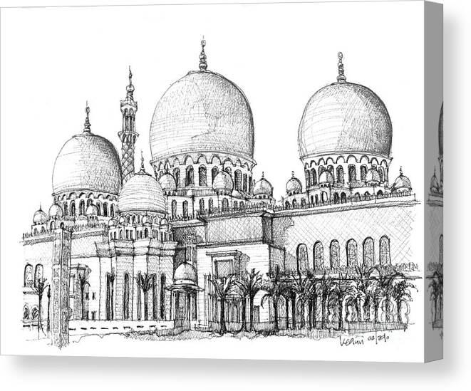 Abu Dhabi Canvas Print featuring the drawing Abu Dhabi Masjid in ink by Adendorff Design