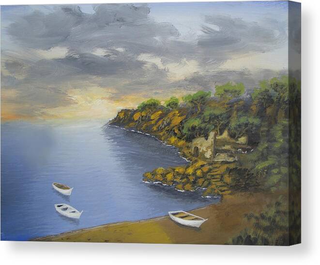 Boats Canvas Print featuring the painting Bay Of Peace by Larry Cirigliano