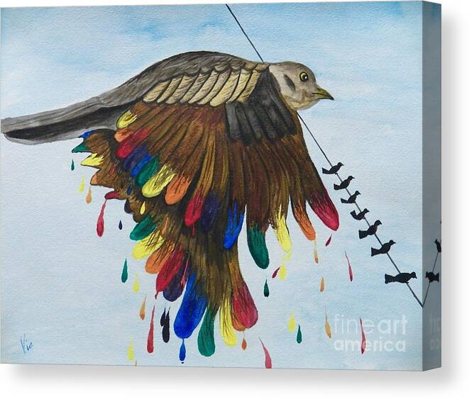 Bird Canvas Print featuring the painting Bird on a Wire Flys Free by Judy Via-Wolff