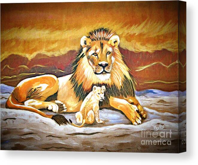 Black Maned Lion Canvas Print featuring the painting Black Maned Lion and Cub by Phyllis Kaltenbach