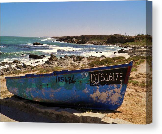 Landscape; Blue; Wooden; Boat; Atlantic Ocean; Westcoast; Namaqualand; South Africa; Waves; Summer; Sunlight; Sky; Old; Rock; Sand; Beach; Background; Canvas Print featuring the photograph Blue Boat by Werner Lehmann