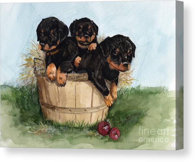 Rottweiler Dog Breed Canvas Print featuring the painting Bushel of Rotty Pups by Nancy Patterson