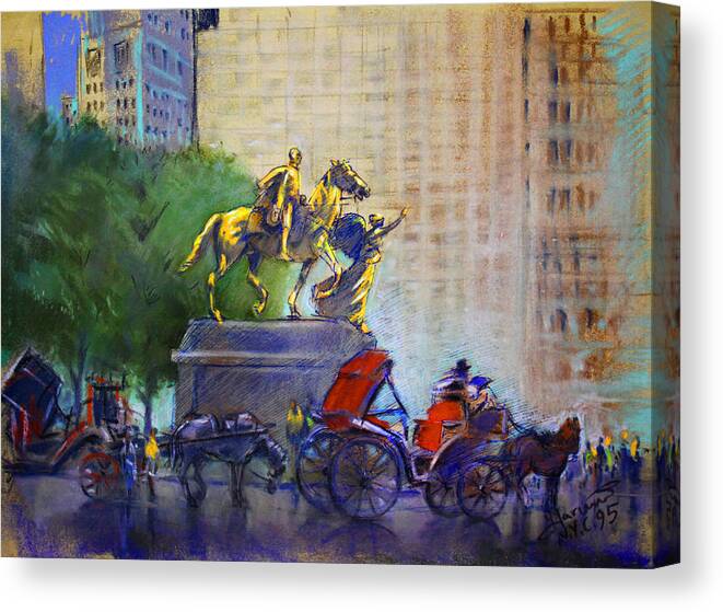 Ny City Canvas Print featuring the pastel Carriage Rides in NYC by Ylli Haruni