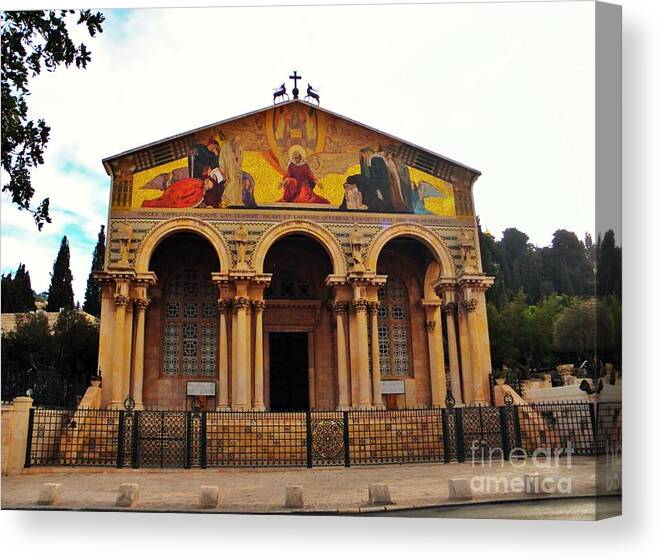 Upon The Mount Of Olives Sits The Church Of All Nations That Covers The Shrine That Jesus Is Said To Have Knelt Upon In The Garden Of Gethsemane Canvas Print featuring the photograph Church of All Nations by Robin Coaker