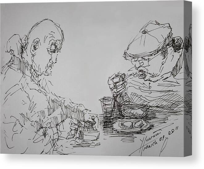 Eaters Canvas Print featuring the drawing Eaters by Ylli Haruni