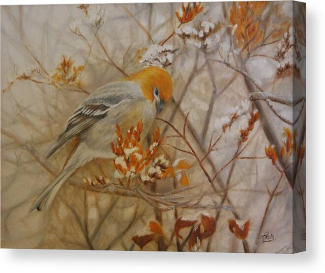 Pine Grosbeak Canvas Print featuring the painting Generous Provision by Tammy Taylor