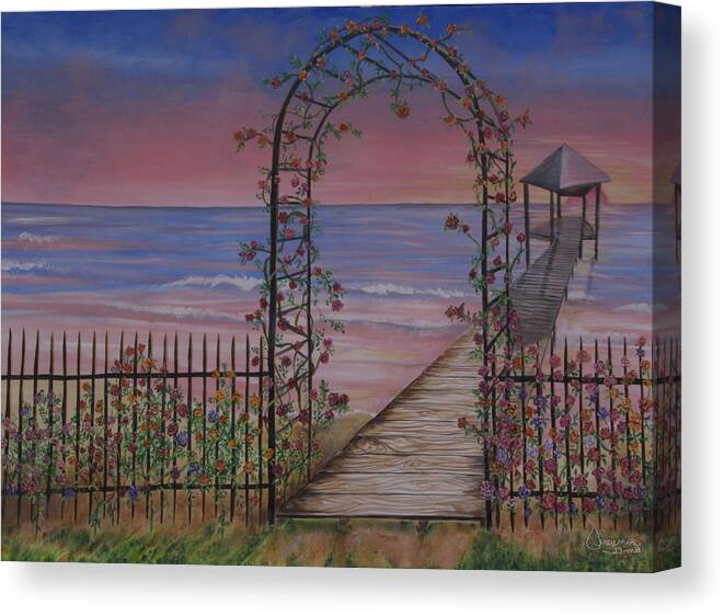 Landscape Canvas Print featuring the painting Gentle Trellis of Roses by Virginia Bond