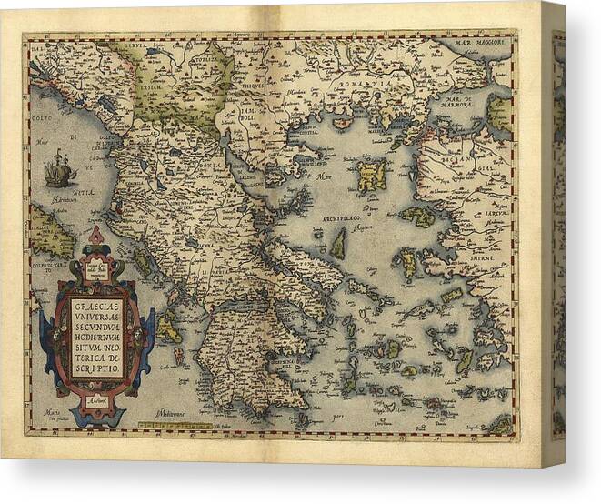 Greece Canvas Print featuring the photograph Ortelius's Map Of Greece, 1570 by Library Of Congress, Geography And Map Division