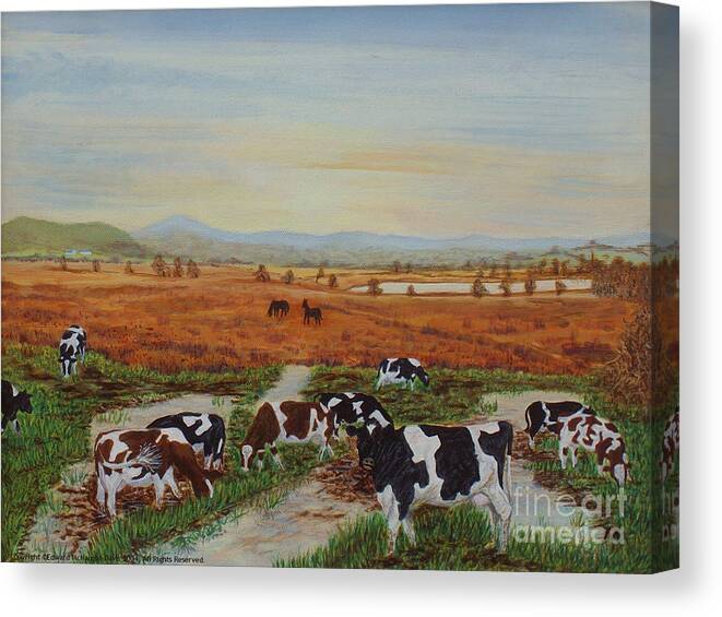 Cors Caron Canvas Print featuring the painting Painting Cows on Cors Caron Tregaron by Edward McNaught-Davis