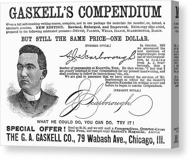 1887 Canvas Print featuring the photograph Penmanship Ad, 1887 by Granger