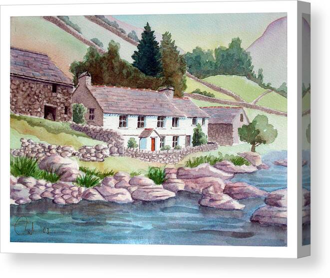 Watercolor Canvas Print featuring the painting Riverside Farm by Rod Jones