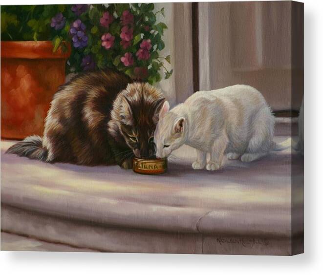 Cats Canvas Print featuring the painting Sharing by Kathleen Hill