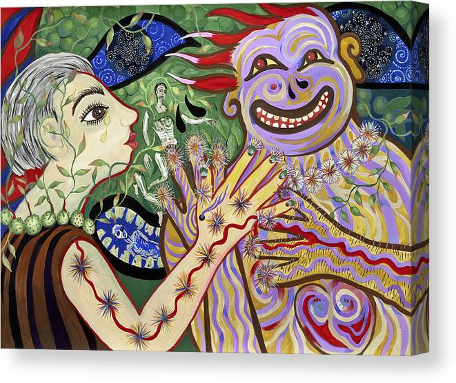 Life And Death Canvas Print featuring the painting Smiles and Tears by Shoshanah Dubiner