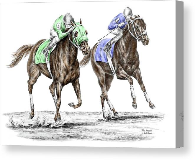 Tb Canvas Print featuring the drawing The Stretch - Tb Horse Racing Print color tinted by Kelli Swan