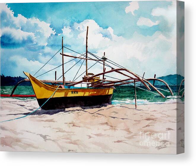 Boat Canvas Print featuring the painting Yellow Boat Docking on the Shore by Christopher Shellhammer