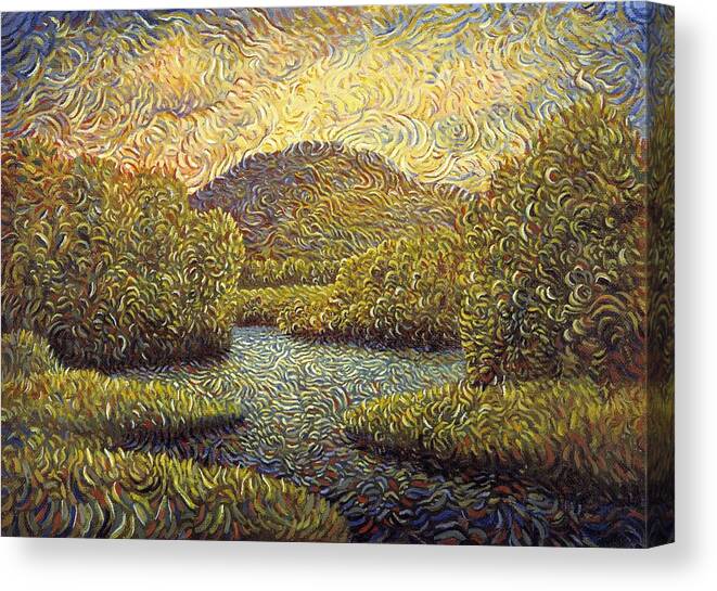 Mountain Canvas Print featuring the painting Mountain With Trees By A River Surreal by Alan Kenny