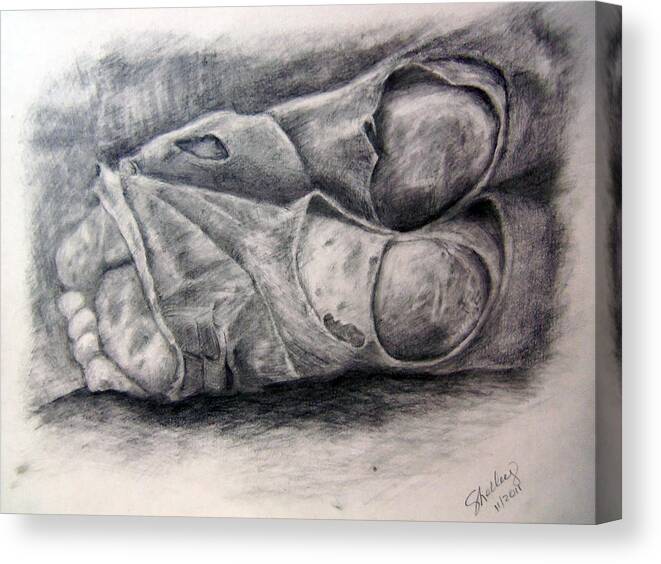 Homeless Canvas Print featuring the drawing Homeless Feet #1 by Shelley Bain