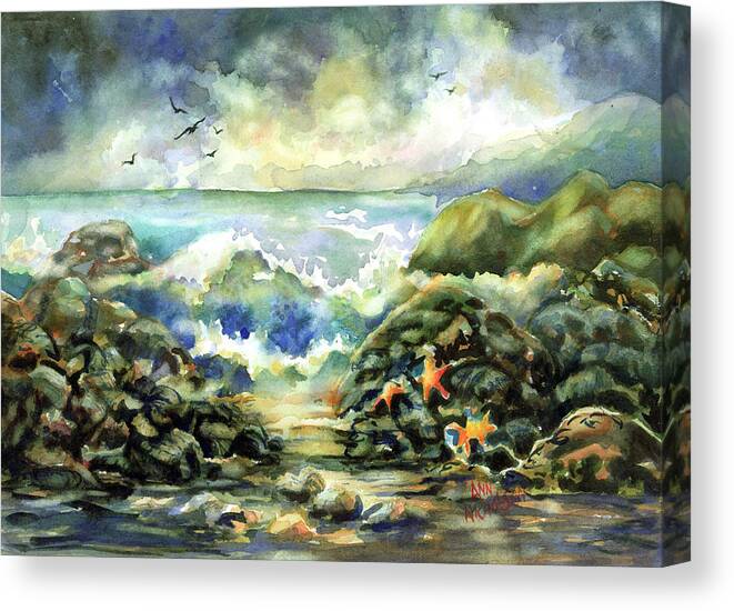 Watercolor Canvas Print featuring the painting On The Rocks by Ann Nicholson
