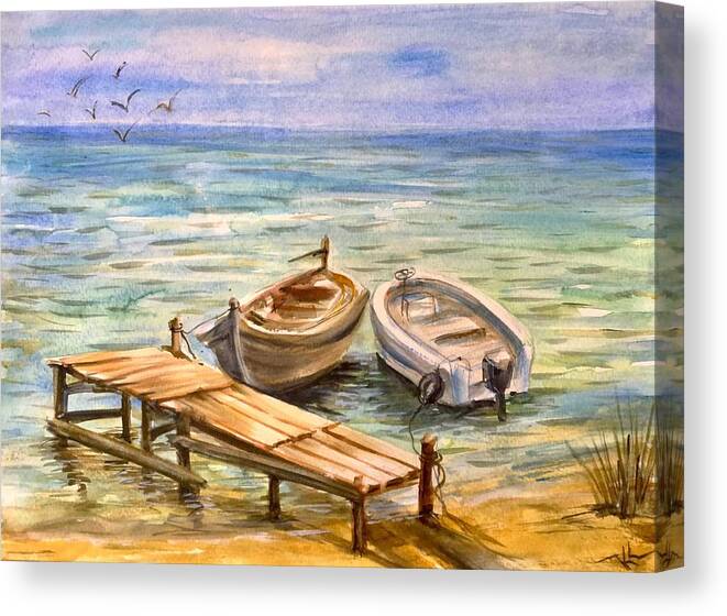 Ocean Canvas Print featuring the painting Peaceful evening #2 by Katerina Kovatcheva