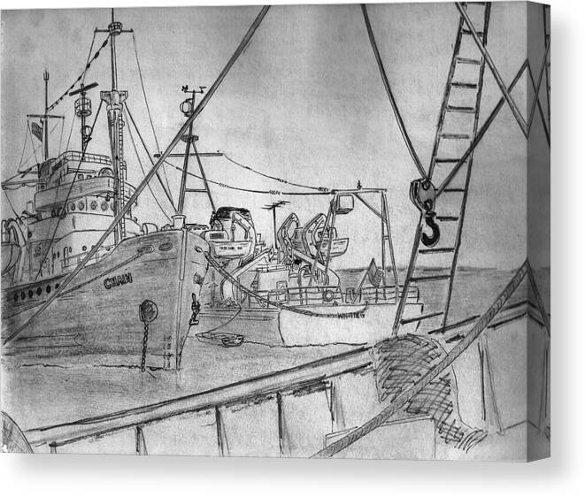 Landscape Canvas Print featuring the drawing RV Chain and USCGSS Whiting #1 by Vic Delnore