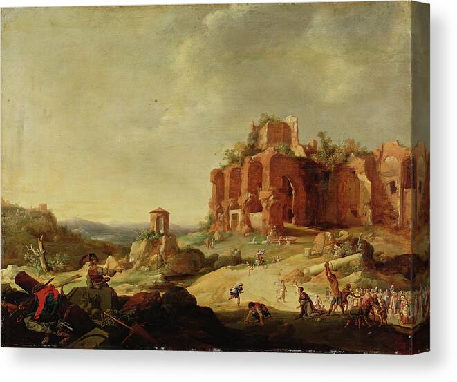 Bartholomeus Breenbergh Canvas Print featuring the painting The Stoning of Saint Stephen #1 by Bartholomeus Breenbergh