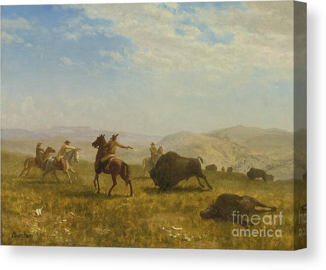 Albert_bierstadt_-_the_wild_west. People Fighting Canvas Print featuring the painting The Wild West #1 by MotionAge Designs