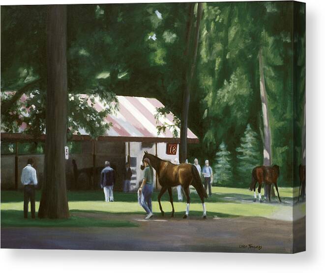 Horses Canvas Print featuring the painting 18 Minutes to Post by Linda Tenukas